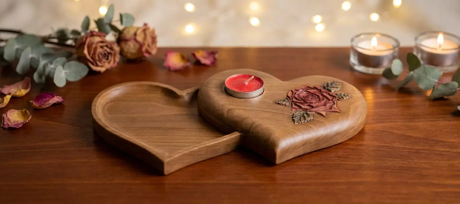 Ръчно изработено дървено сърце кутия от бук с гравирана роза и място за свещ