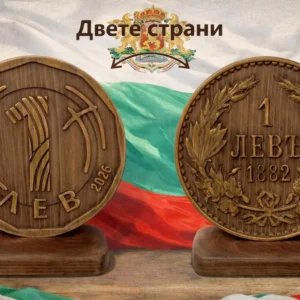 Двустранен дървен модел „История на българския лев“ – страна 2026 и страна 1882, изработен от бук, диаметър 153 мм