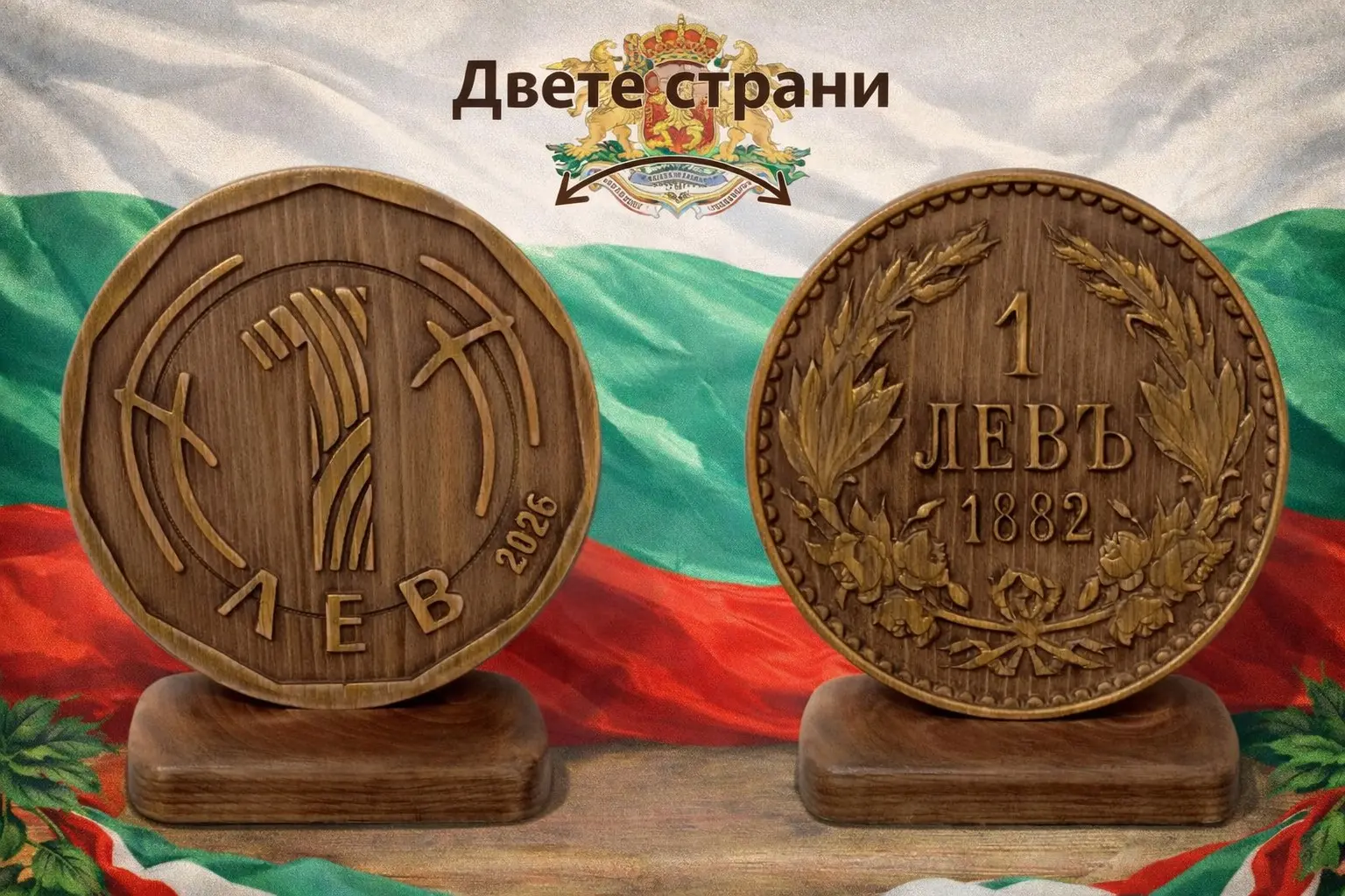 Двустранен дървен модел „История на българския лев“ – страна 2026 и страна 1882, изработен от бук, диаметър 153 мм